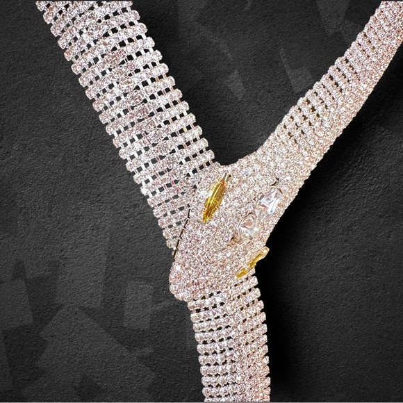 NEW Silvertone Metallic Serpent Snake CZ Crystal Encrusted Choker Necklace - Picture 7 of 16